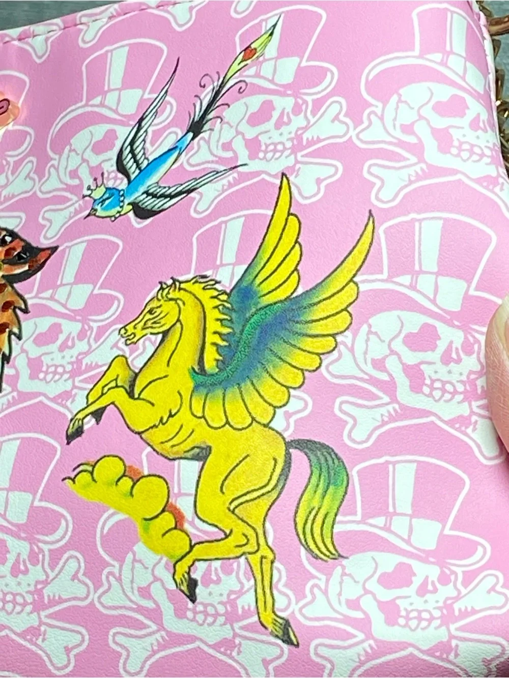 Ed Hardy Pink Graphic Shoulder Bag with Rhinestone Tiger, Gold Chain Accents